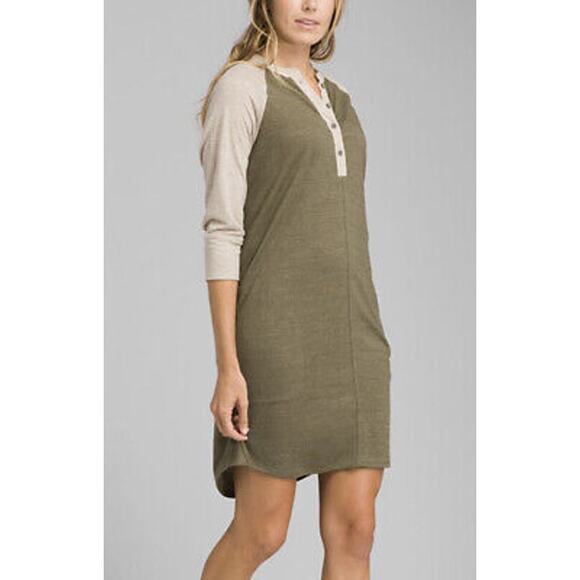 PrAna Cozy Up Henley Dress Green Beige Womens Small Hemp Gorpcore Loungewear - Picture 1 of 6